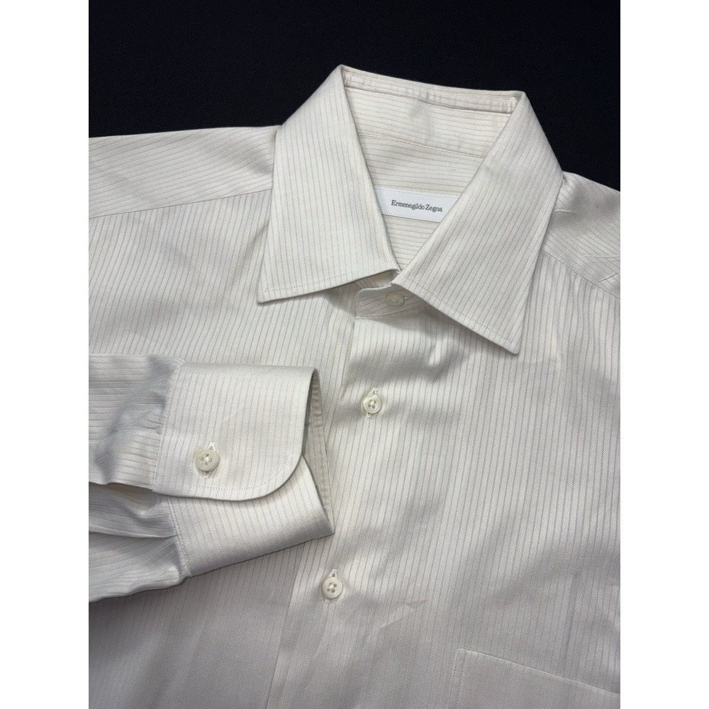 Ermenegildo Zegna Dress Shirt Mens 41/16 Cream Striped Long Sleeve Button Up
